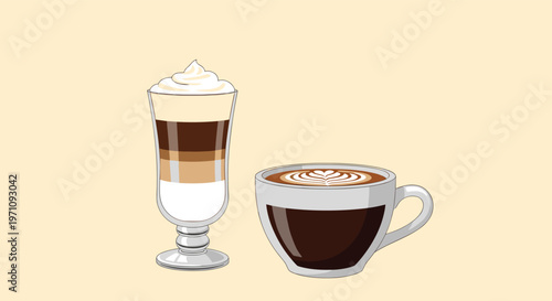 Two types of coffee drinks including a tall layered latte macchiato and a cappuccino with heart latte art in a transparent glass cup.