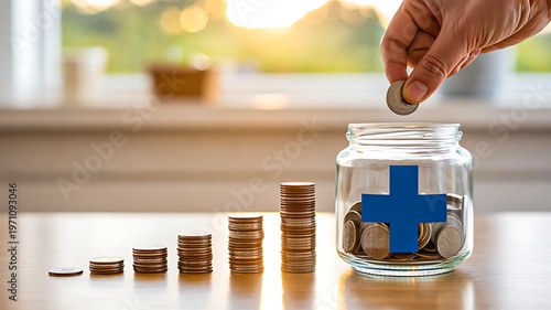 Glass jar with coins and medical symbol representing healthcare savings and insurance concept
