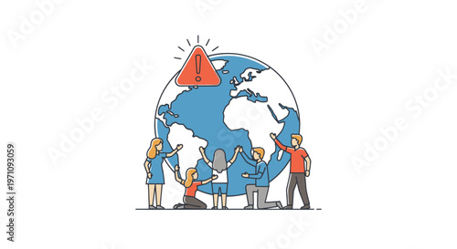 People standing around the globe together.