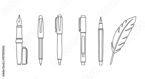 Hand-drawn collection of writing instruments: fountain pen, ballpoint pens, marker, quill