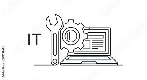 Laptop with wrench and gear.