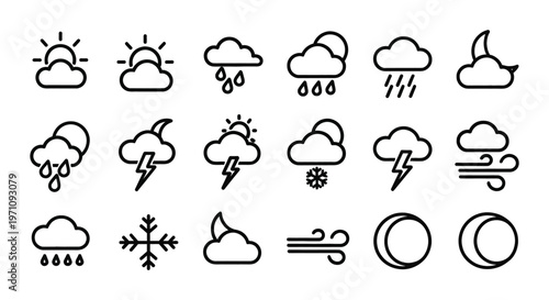 Weather icons set with various conditions and symbols in vector graphic illustration design