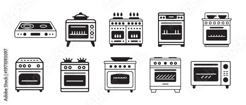 Kitchen Cooking Appliances Set. Modern Vector Line Icons of Stoves, Ovens, and Cooktops on White Background.