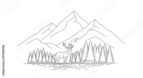 Elk standing by mountain lake shore.