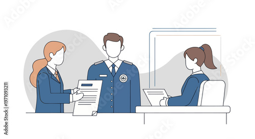 Business people at office reception desk.