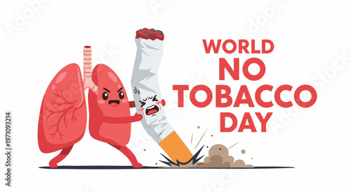 Cartoon lung character fighting cigarette in bold colorful illustration for World No Tobacco Day campaign