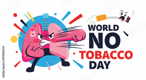 Angry cartoon lungs punching a cigarette character with bold colors in flat vector illustration for World No Tobacco Day anti-smoking public health awareness banner.