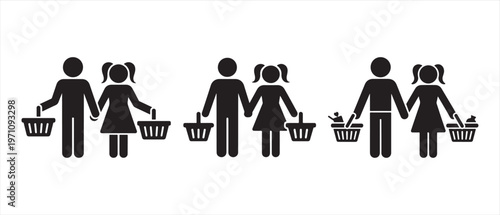 Couple Stick Figures Holding Hands and Shopping Baskets on White Background, Minimalist Consumer Concept.
