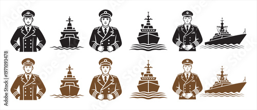 Naval Officer and Warship Vector Illustrations Set. in Black, White, and Sepia Tones.