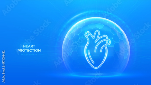 Heart protection. Healthy heart medical concept. Cardiovascular health. Human heart anatomy organ icon inside protection sphere shield with hexagon pattern on blue background. Vector illustration.