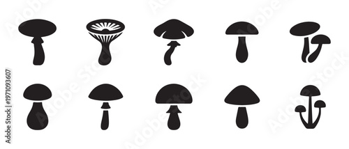 Collection of black mushroom silhouette icons, variety of shapes and sizes, isolated on white background.