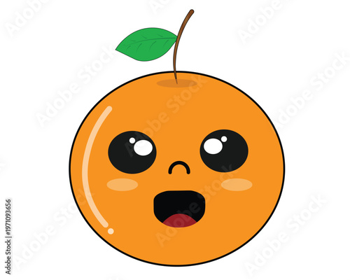 Adorable cartoon orange fruit character with big expressive eyes and an open mouth in a kawaii style.