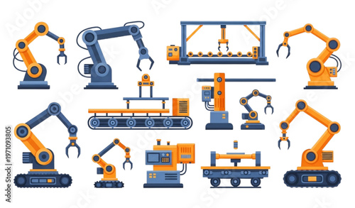 Industrial robotic arms vector set with mechanical robot arms assembly line machines isolated