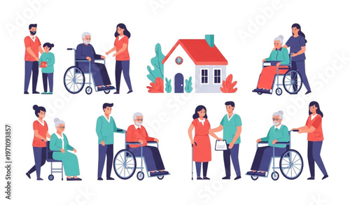 Helping elderly and disabled people vector set with social workers volunteers nurses and patients