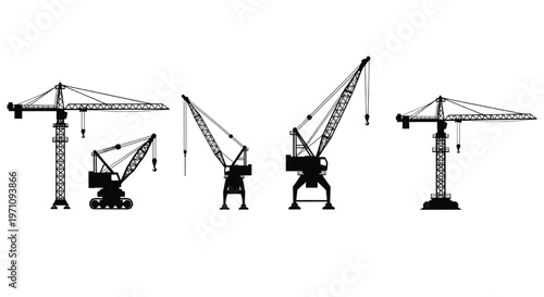 A set of construction cranes in various positions
