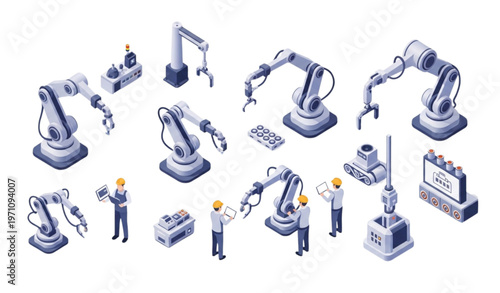 Modern isometric robotic arm illustration with automated factory machines and engineering icons