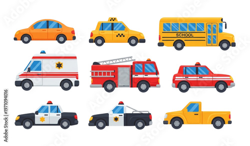 City transport vehicle vector set with taxi school bus ambulance fire truck police and pickup cars