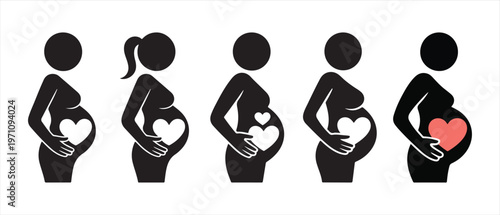 Set of pregnant women silhouettes. with hearts in their bellies, symbolizing maternity and love.