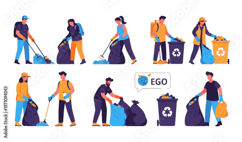 Environmental cleanup vector set with volunteers collecting trash recycling and cleaning litter