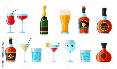 Flat vector bar menu set with alcohol bottles cocktails beer champagne martini and spirits