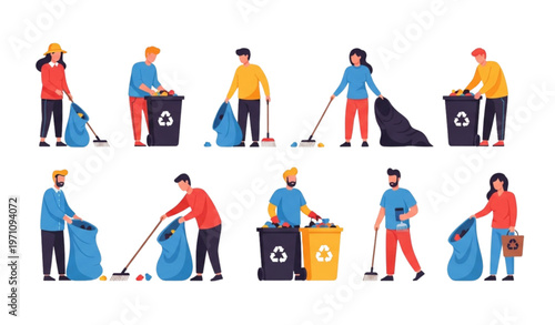 Colorful recycling and cleanup illustration with people collecting trash and protecting environment