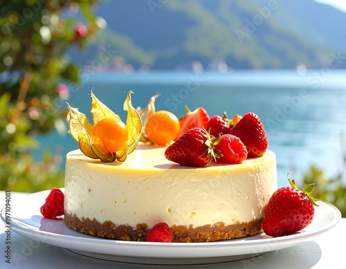 A cheesecake with strawberries and leaves on a plate by the water