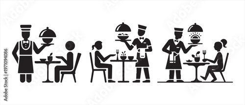 Waiters Serving Diners in Restaurant. Minimalist Silhouette Icons Representing Professional Food Service.