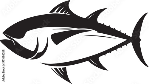 Tuna fish vector illustration, a powerful predatory marine animal, black silhouette on transparent.