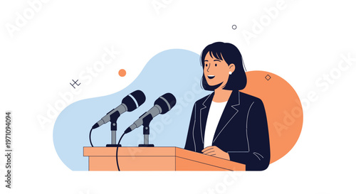 Confident professional woman delivering a speech at a wooden podium equipped with two microphones on stylized background.