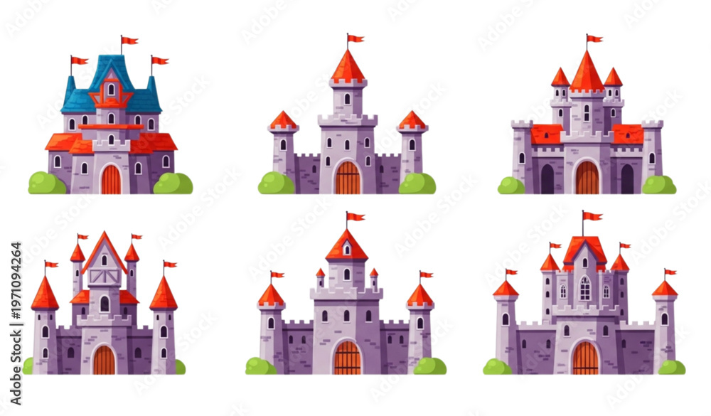 Naklejka premium Colorful fantasy castle illustration with medieval towers fortress palace and fairytale citadel set