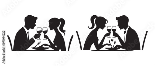 Silhouettes of Couples Toasting Wine Glasses at a Romantic Dinner. Minimalist black and white design.