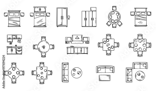 Detailed top view furniture outline icon set organized by bedroom kitchen dining and living room layout