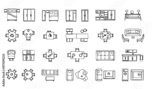 Detailed top view furniture outline icon set organized by bedroom kitchen dining and living room elements