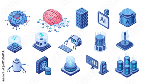 Isometric artificial intelligence icons set with digital brain neural network robots and AI servers