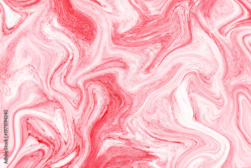 A red abstract background texture featuring a seamless purple and pink wave pattern with geometric curves and colorful paint swirls for a decorative art wallpaper design