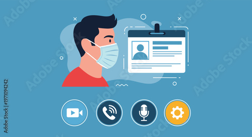 Man wearing medical face mask shown in profile next to digital identity card and various online communication icons on blue background.