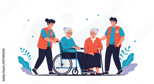 Compassionate young caregivers assisting elderly people including man in wheelchair and woman with walking cane in outdoor park setting.