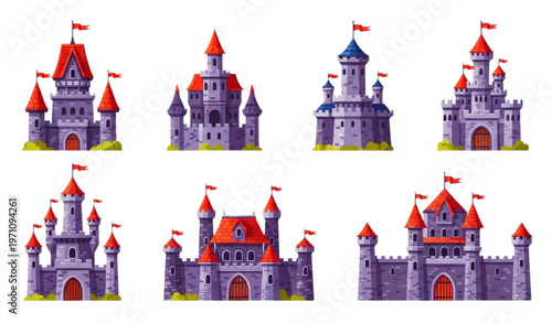 Medieval castle towers vector set with fantasy fortress gothic palace and fairytale mansion icons