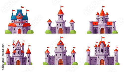 Colorful fantasy castle illustration with medieval towers fortress palace and fairytale citadel set