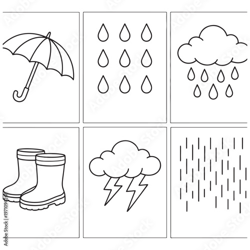 Black and white outline of weather and rain gear umbrella drops water cloud