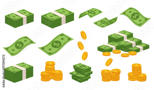 Cartoon money vector set with dollar banknotes bundles stacks piles and gold coins isolated