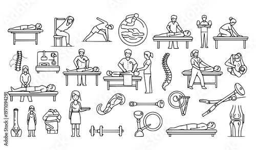 Detailed physical therapy outline icon set with rehab exercise massage recovery and medical wellness illustrations