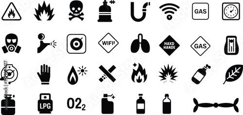 Hazard Warning Icons Set Fire Gas Safety Symbol Collection