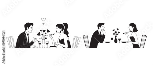 Contrasting Dinner Dates. Monochromatic illustration of couples' interaction, from lively chat to quiet dining.