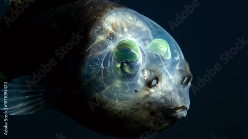 Rare Macropinna microstoma fish with transparent head in deep ocean.