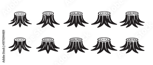 Identical Black and White Tree Stumps Arranged in Rows, Minimalist Graphic Icon on White Background.