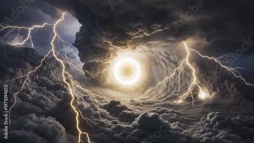 Dramatic swirling storm clouds with bright light in the center, epic vortex