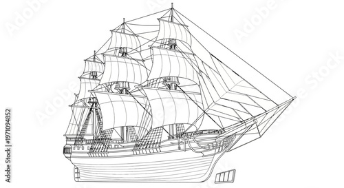 Sailing Ship Blueprint Vector Illustration - Vintage Tall Ship Line Art