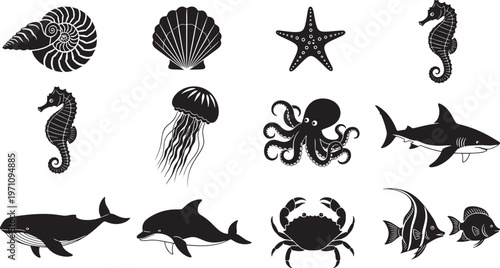 Black and White Marine Life Icons Set: Nautical Creatures, Ocean Wildlife Vector Graphics for Coastal Designs, Seafood Menus, and Aquatic Themes