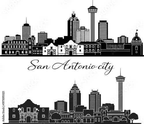 San Antonio city silhouette featuring the Alamo and Tower of the Americas.